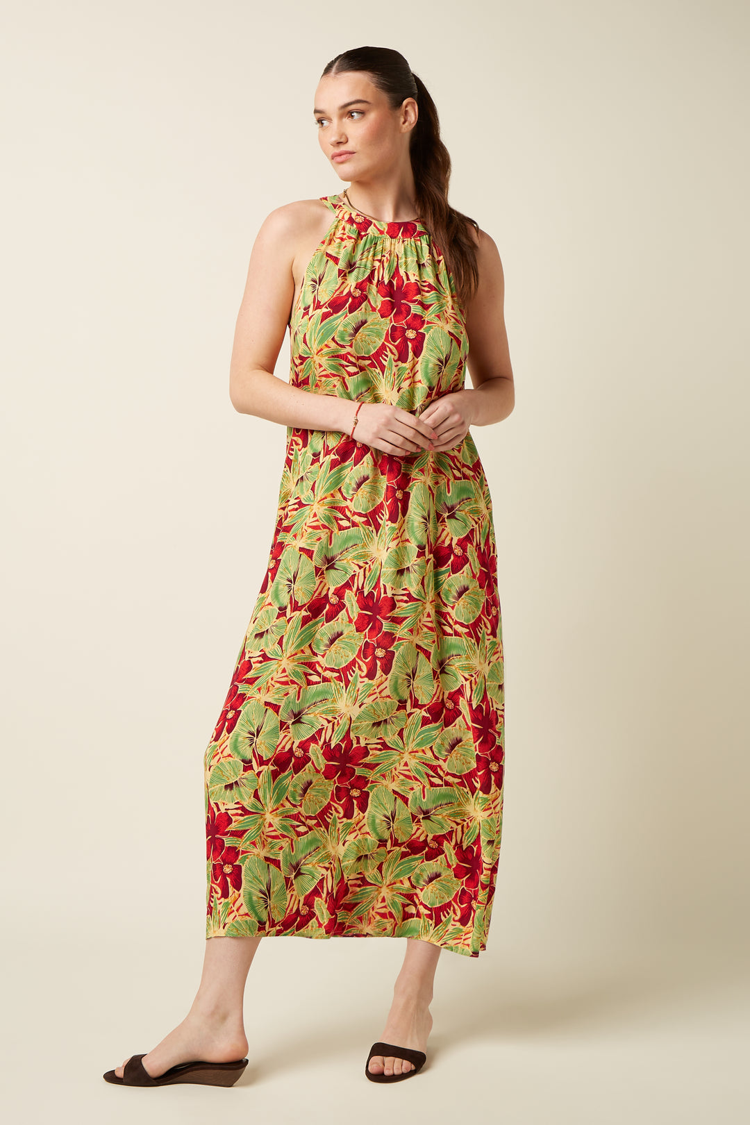 King Louie Kleid "Virna" grün/rot geblümt