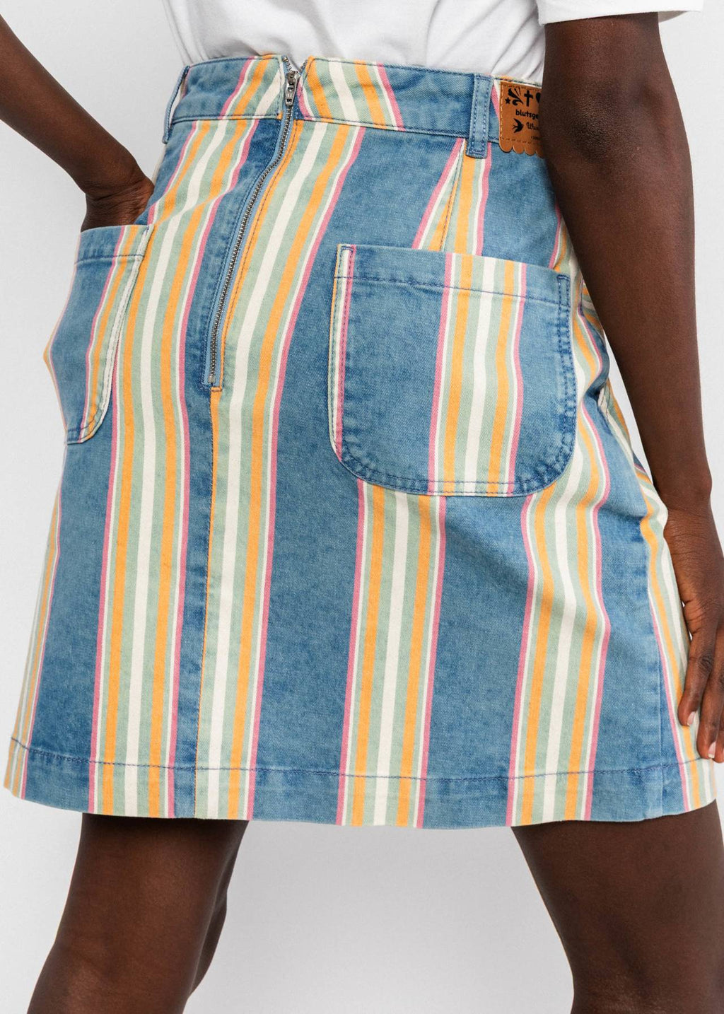 Blutsgeschwister Jeansrock "Coquetry Charm Marquee" weiß/blau/gelb gestreift