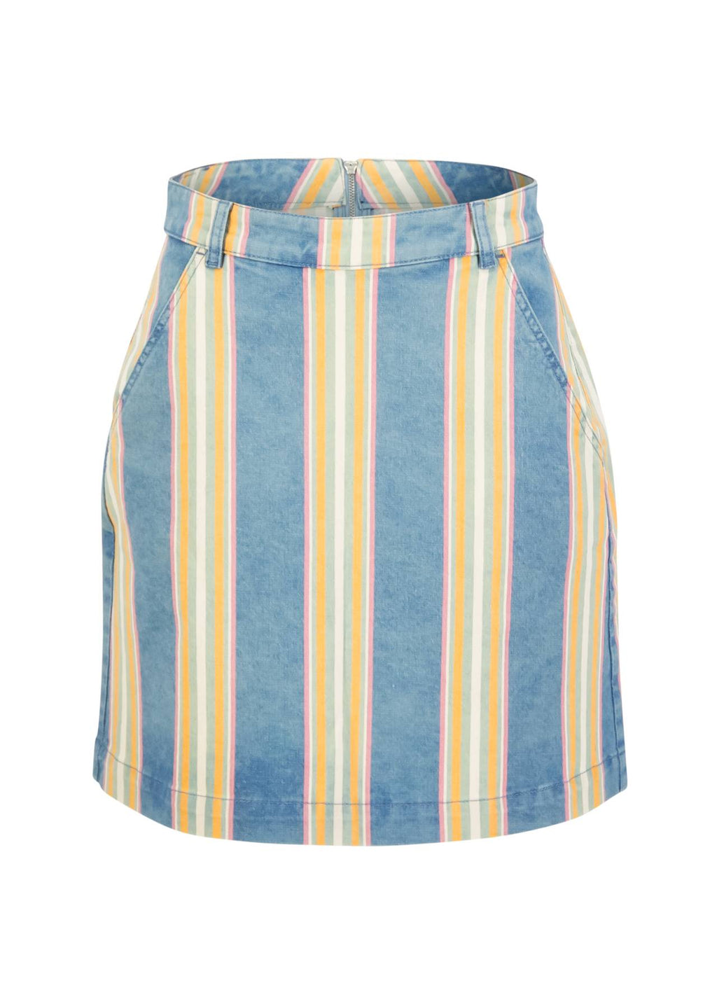 Blutsgeschwister Jeansrock "Coquetry Charm Marquee" weiß/blau/gelb gestreift