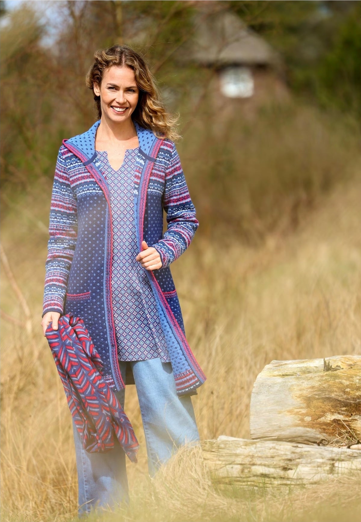 Sorgenfri Long-Strickjacke aus Wolle "Ann" blau/gemustert