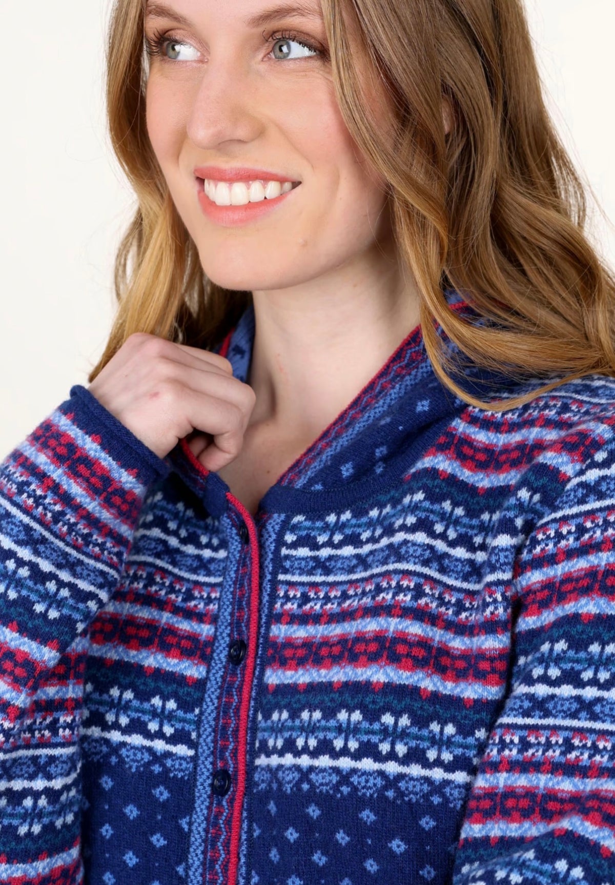 Sorgenfri Long-Strickjacke aus Wolle "Ann" blau/gemustert