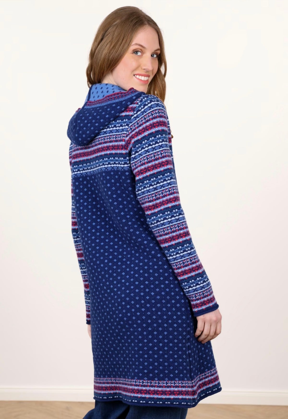Sorgenfri Long-Strickjacke aus Wolle "Ann" blau/gemustert