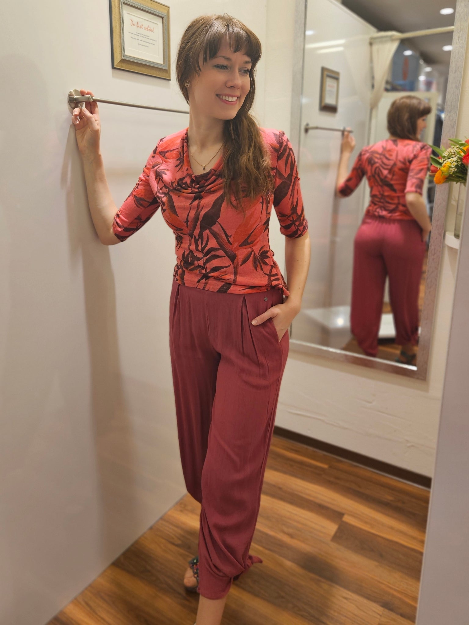 Miranda Merra Wasserfall-Shirt aus Leinen lachs/braun gemustert