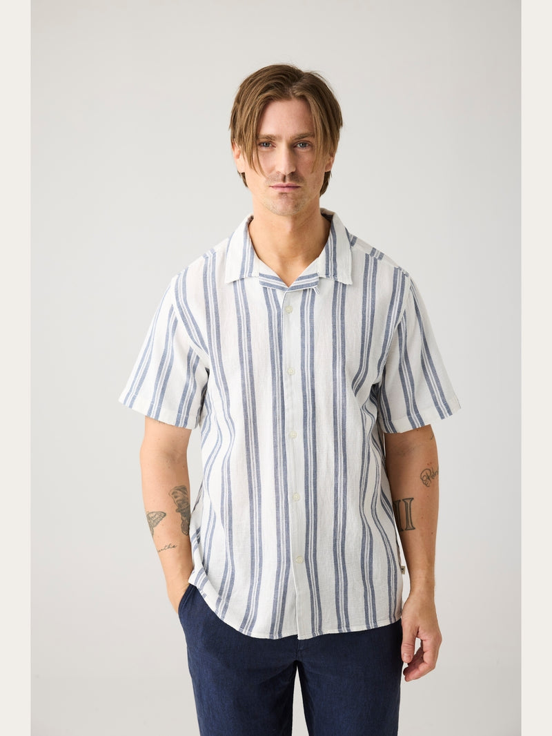 Knowledge Cotton Hemd kurzarm blau/weiß gestreift