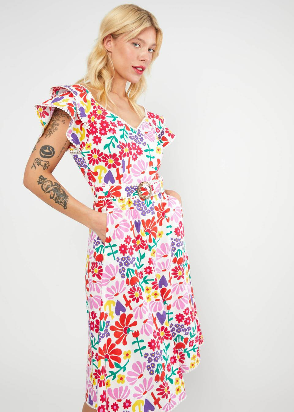 Blutsgeschwister Kleid "Falbala Festival" weiß/bunt gemustert