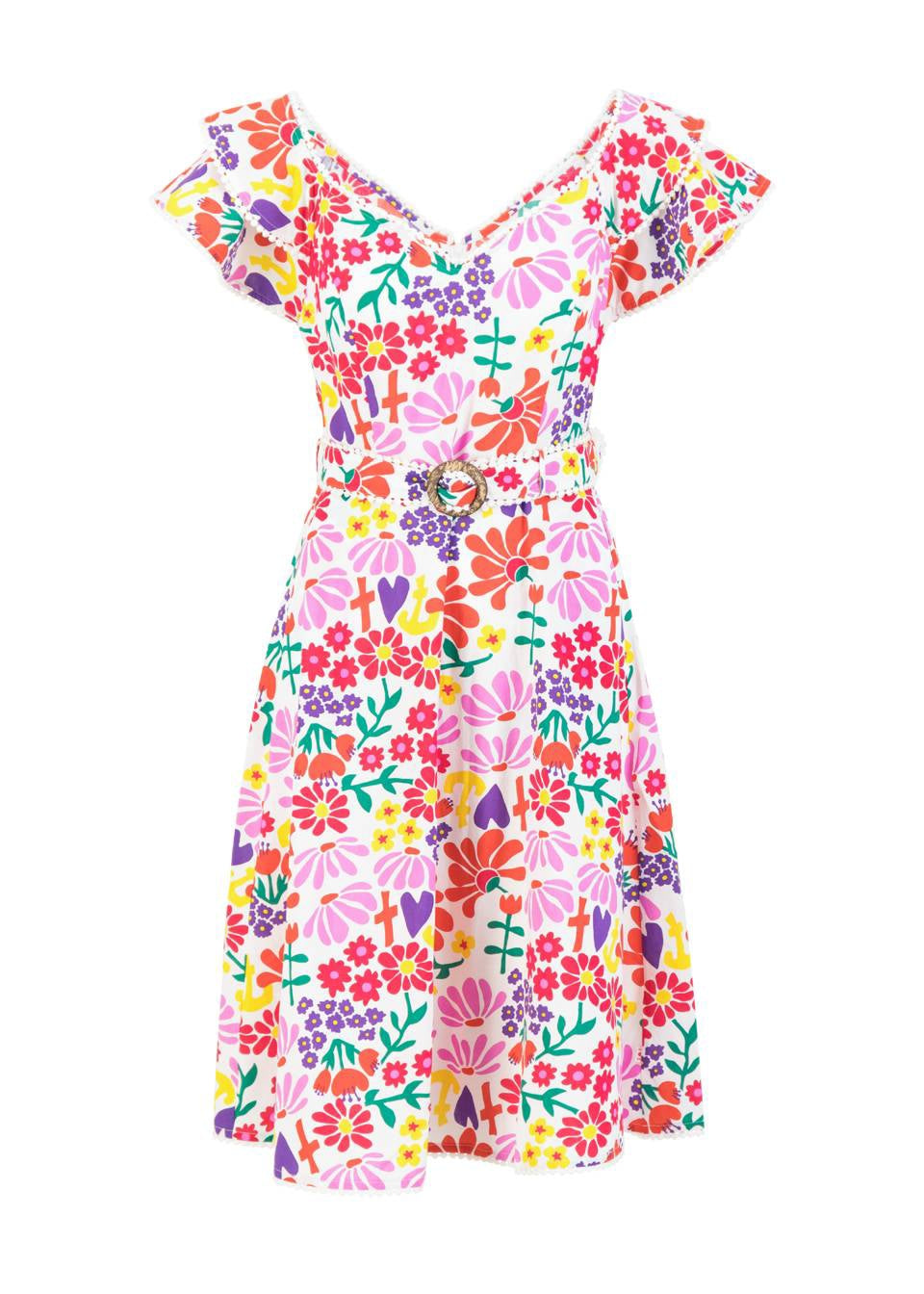 Blutsgeschwister Kleid "Falbala Festival" weiß/bunt gemustert