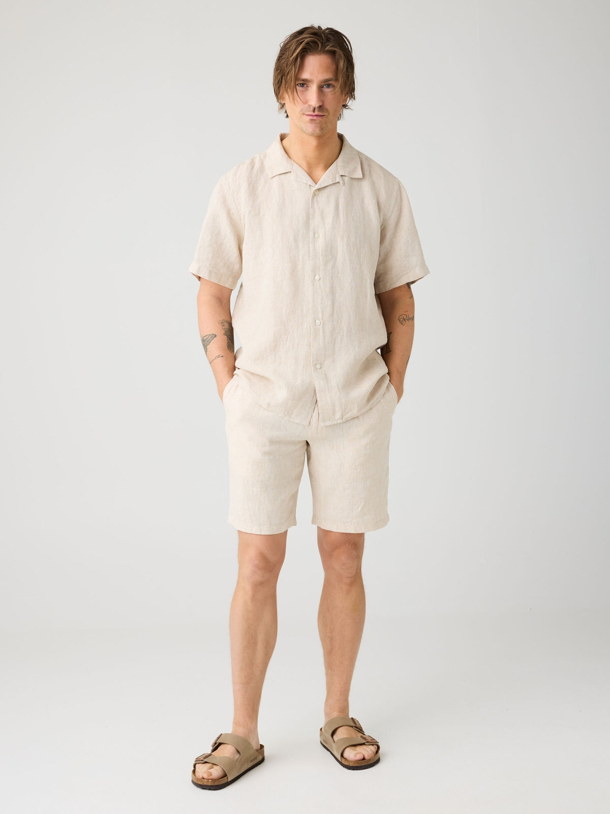 Knowledge Cotton Hemd aus Leinen kurzarm beige