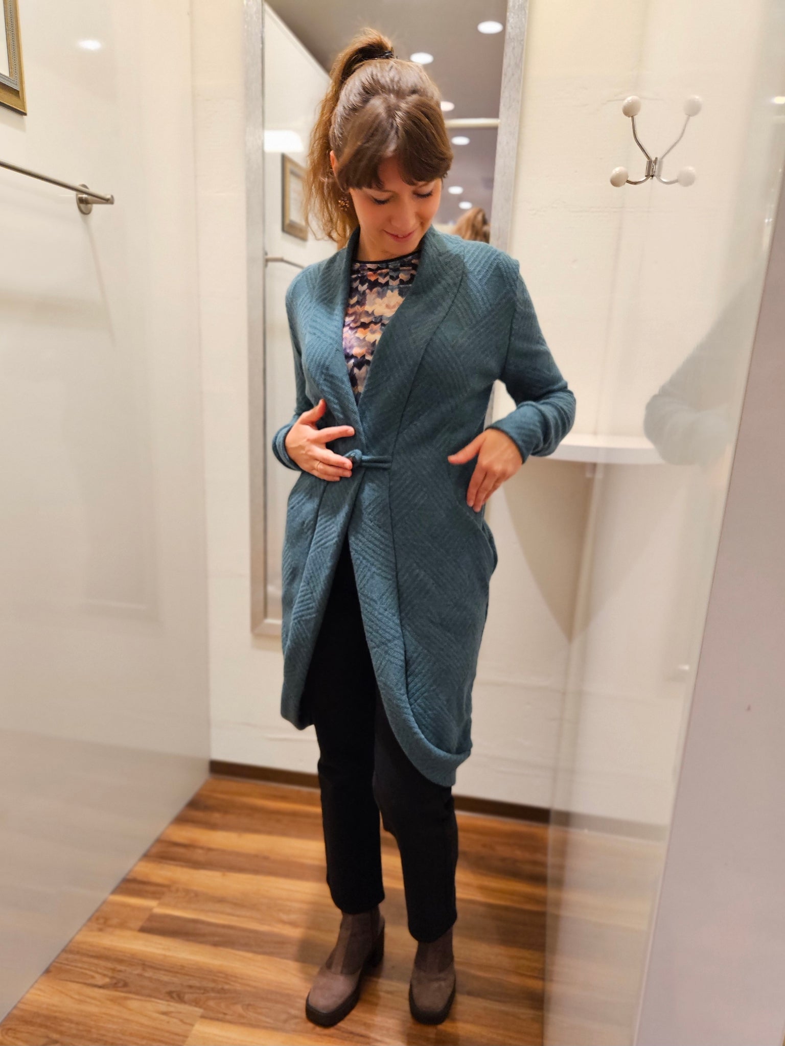 Miranda Merra Long-Strickjacke mit Wolle "Green Cozy" petrol