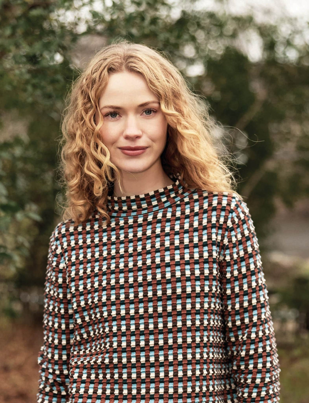 Mansted Pullover mit Stehkragen "Eden" braun/blau karriert
