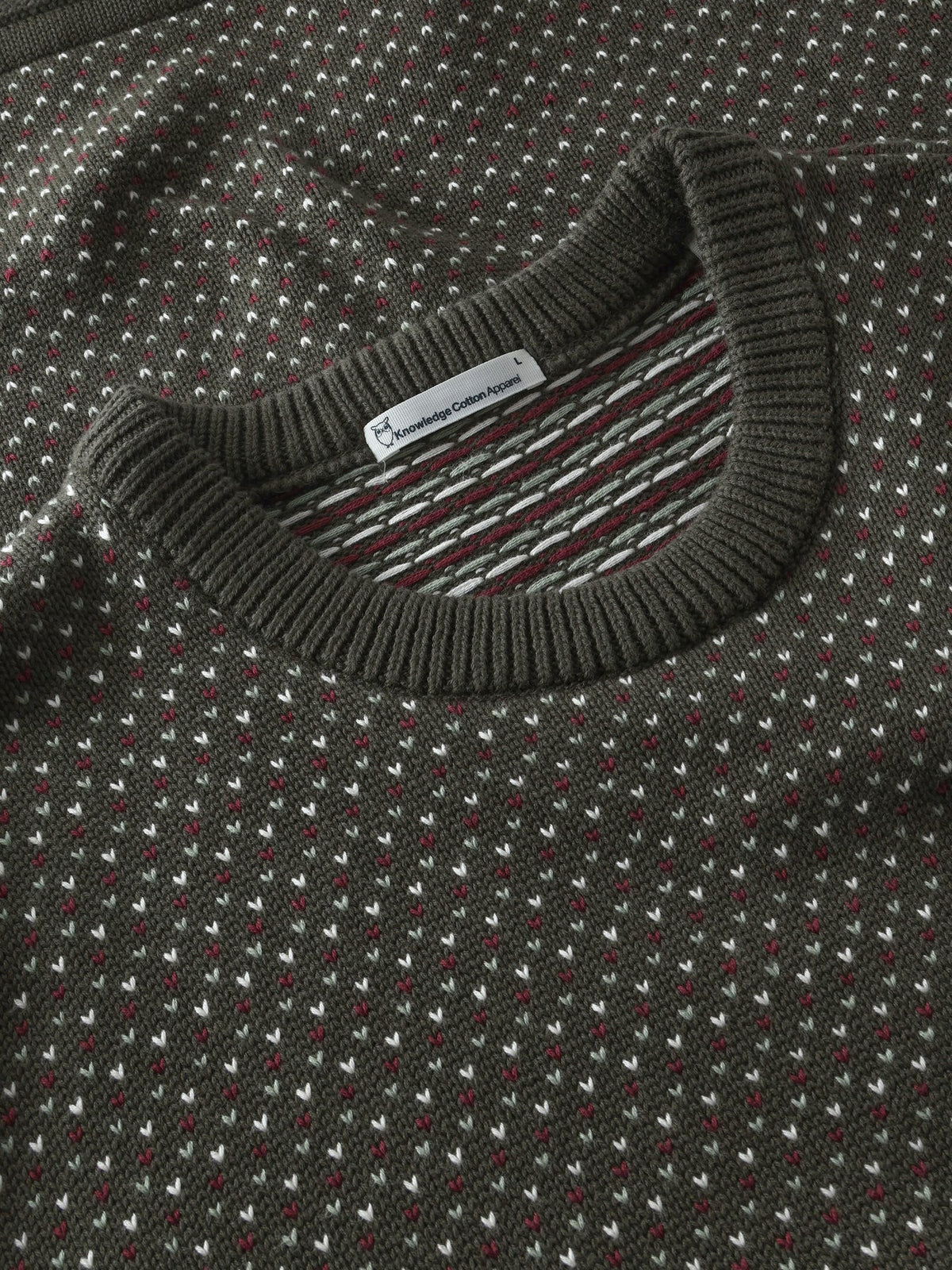 Knowledge Cotton Apparel Pullover "Jacquard" dunkelgrün/gepunktet
