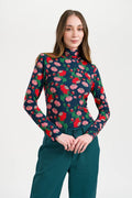 Lalamour Shirt mit Stehkragen "Ruby" petrol/geblühmt