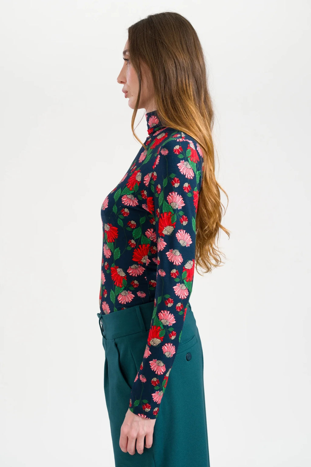 Lalamour Shirt mit Stehkragen "Ruby" petrol/geblühmt