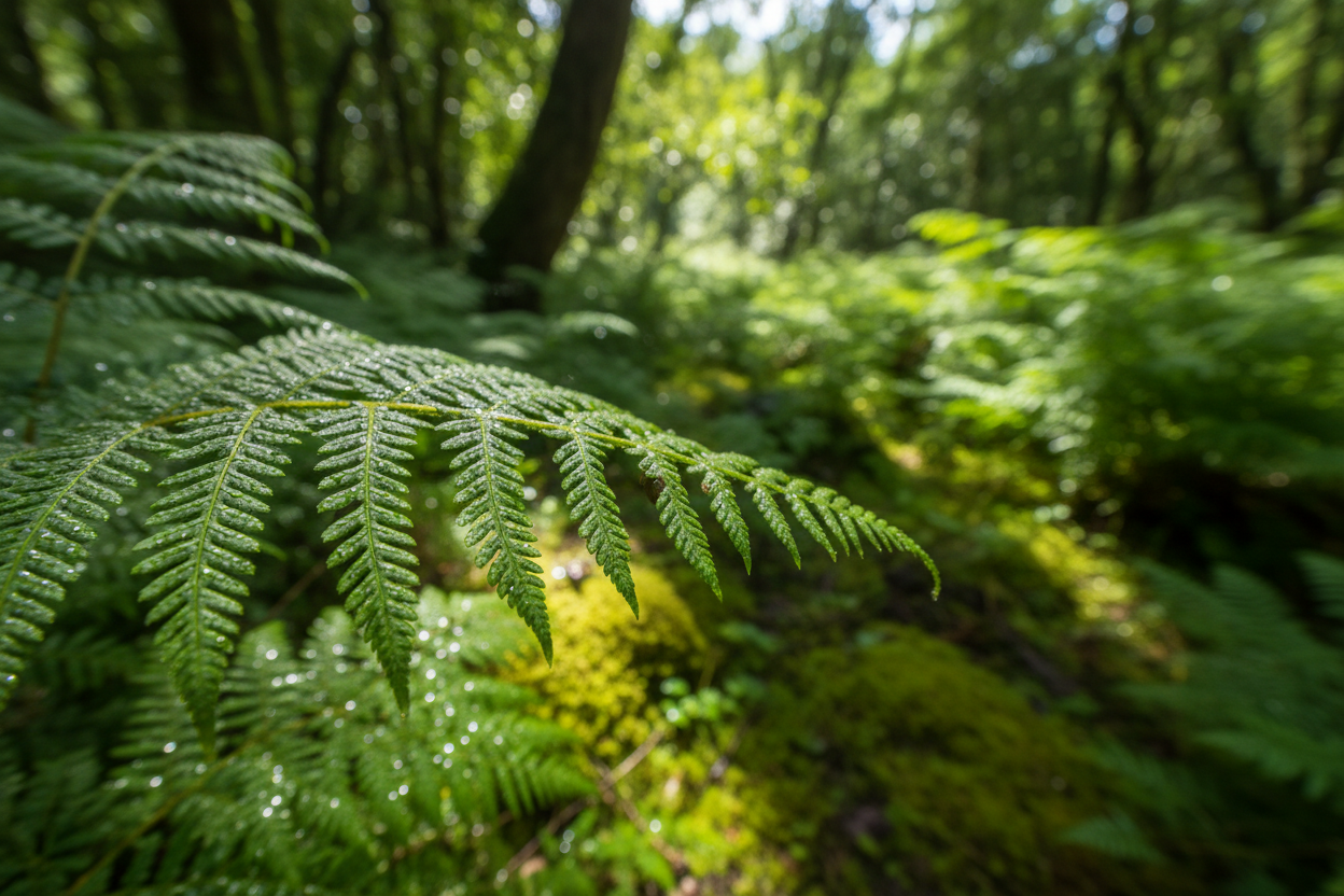 Bild von einem Wald mit viel Grün und Nachaufnahme an einem Blatt/ Zweig