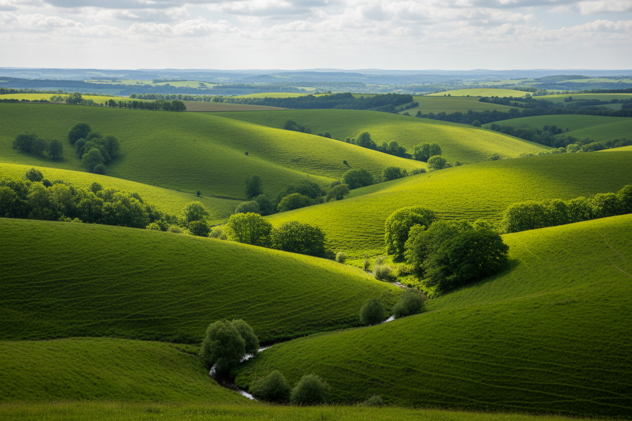 Natur mit viel grün und hügeln
