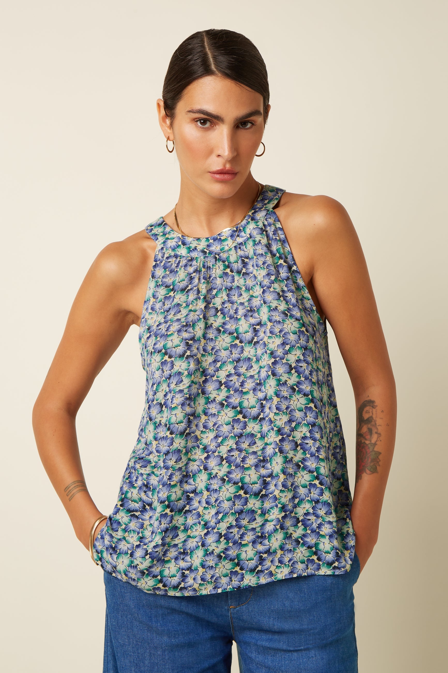 King Louie Bluse "Virna" blau/grün geblümt