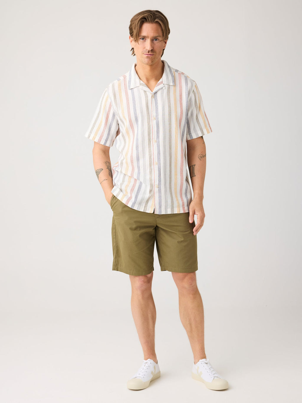 Knowledge Cotton Hemd kurzarm beige/bunt gestreift