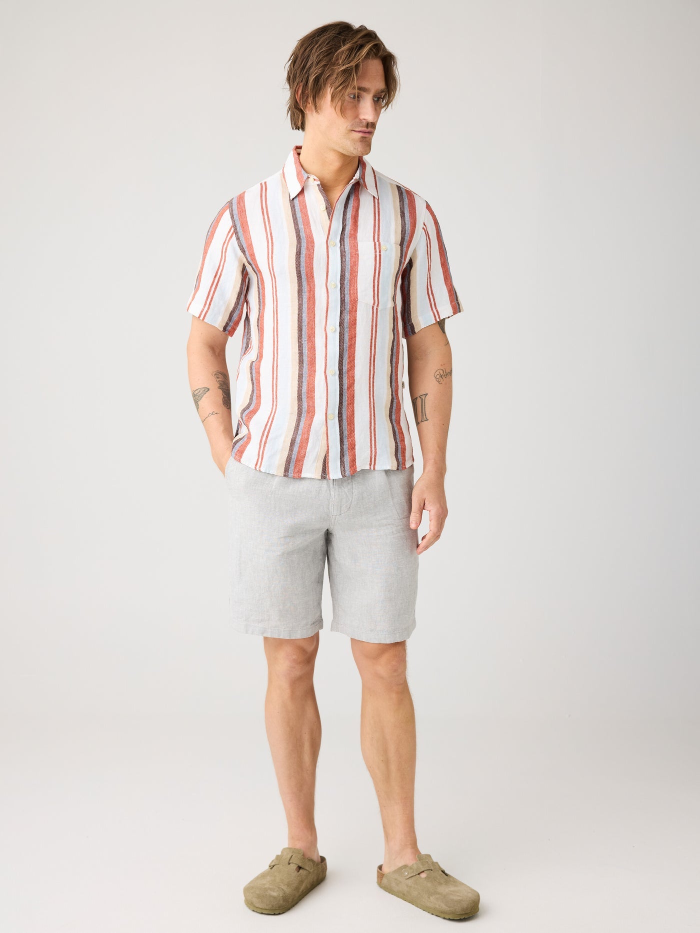 Knowledge Cotton Hemd kurzarm creme/orange/ blau gestreift