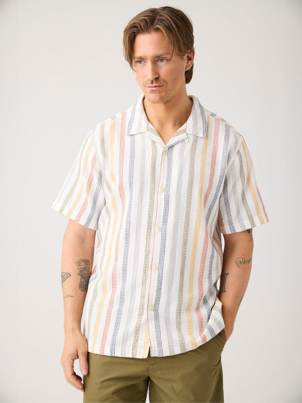 Knowledge Cotton Hemd kurzarm beige/bunt gestreift