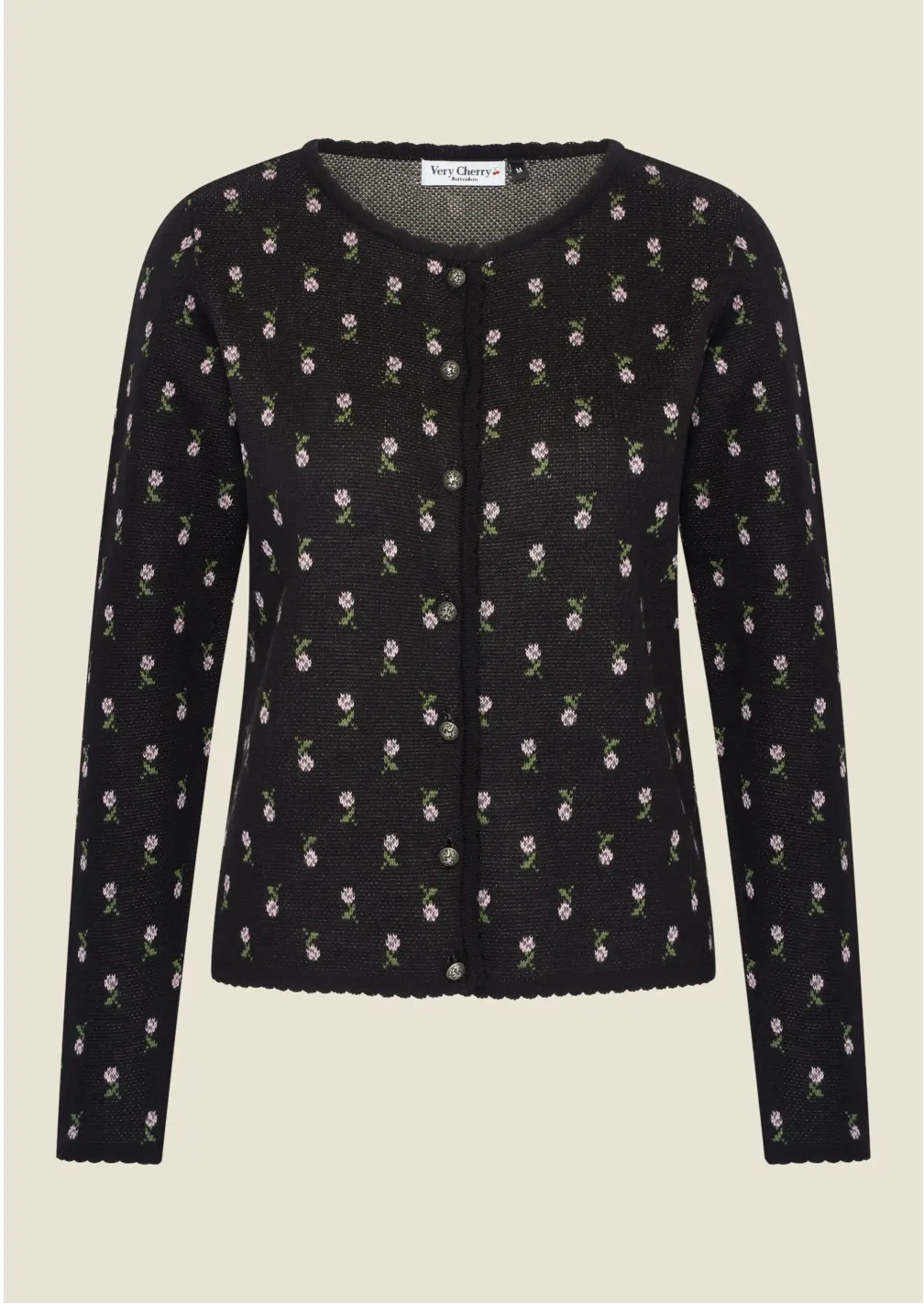 Very Cherry Strickjacke "Flower Jacquard" Schwarz/Blumen